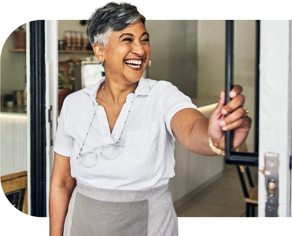 Entrepreneur person or waitress happy for service, management and to welcome for hospitality at store